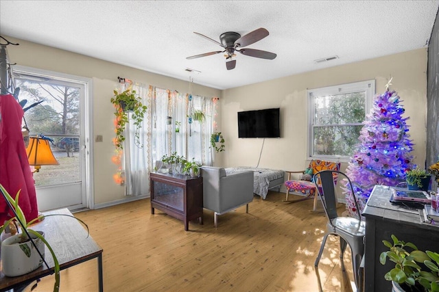 living room featuring ceiling fan, a textured ceiling, and light hardwood / wood-style flooring