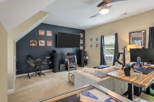 office area featuring ceiling fan, cooling unit, lofted ceiling, and light colored carpet