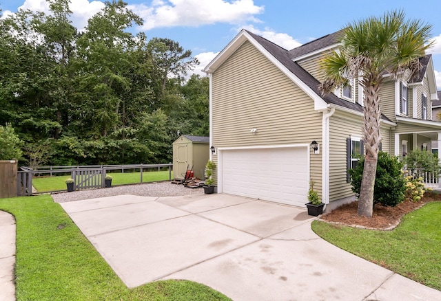 view of property exterior with a storage shed, a lawn, and a garage