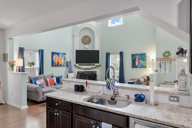 kitchen featuring sink, light hardwood / wood-style floors, dishwasher, and a healthy amount of sunlight