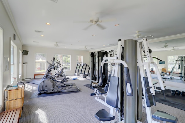 1600 Long Grove Dr Unit 423, Mount Pleasant, SC 29464 - workout area featuring ceiling fan, recessed lighting, carpet, and ornamental molding