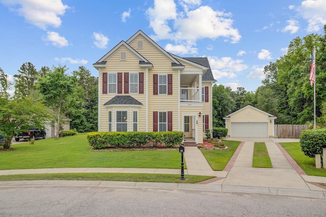 249 Old Savannah Dr, Goose Creek, SC 29445 - traditional home featuring a balcony, a detached garage, and an outdoor structure