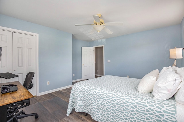 bedroom with ceiling fan, dark hardwood / wood-style floors, and a closet