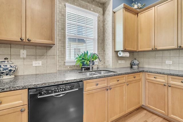 1809 Two Cedar Way, Mount Pleasant, SC 29466 - kitchen featuring black dishwasher, light brown cabinetry, dark stone counters, and backsplash