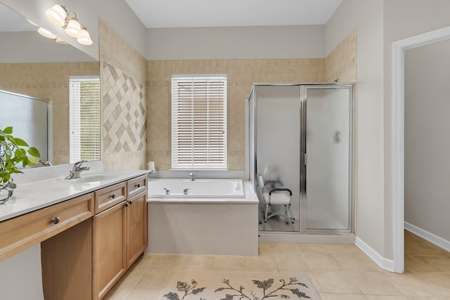 1809 Two Cedar Way, Mount Pleasant, SC 29466 - bathroom with vanity, a stall shower, a bath, and tile patterned flooring