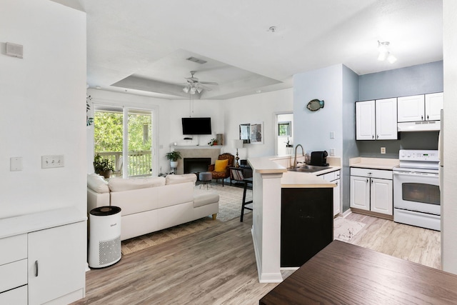 kitchen with a sink, open floor plan, under cabinet range hood, visible vents, and white electric range