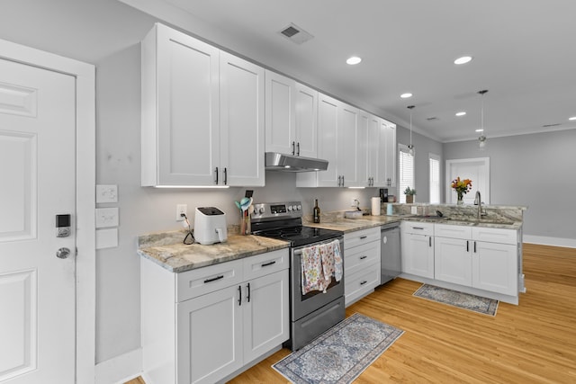 7 Wesley Dr, Charleston, SC 29407 - kitchen featuring appliances with stainless steel finishes, a peninsula, a sink, under cabinet range hood, and white cabinets