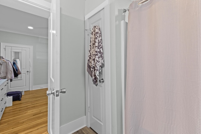 7 Wesley Dr, Charleston, SC 29407 - bathroom with wood finished floors, ornamental molding, baseboards, recessed lighting, and a shower with shower curtain