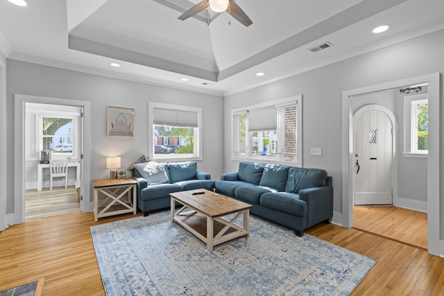 7 Wesley Dr, Charleston, SC 29407 - living area featuring a ceiling fan, light wood-type flooring, recessed lighting, a tray ceiling, and baseboards