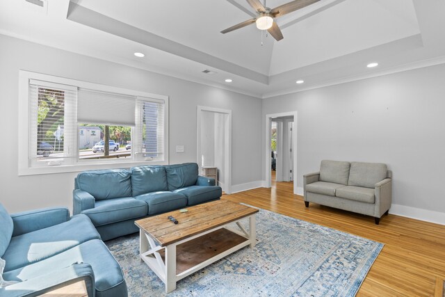 7 Wesley Dr, Charleston, SC 29407 - living room featuring ceiling fan, light wood-style flooring, recessed lighting, a tray ceiling, and baseboards
