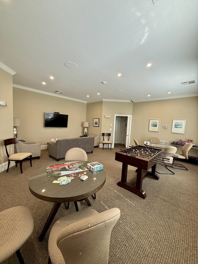 recreation room with crown molding, carpet flooring, and recessed lighting