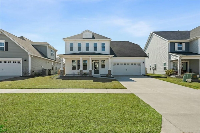 view of front of home with a garage, concrete driveway, cooling unit, and a front yard