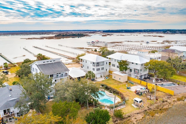 drone / aerial view with a water view