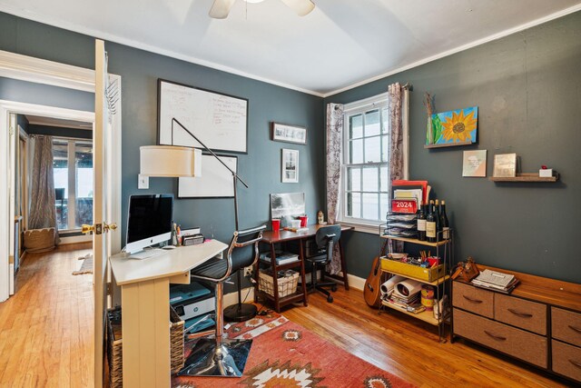 office space with ceiling fan, hardwood / wood-style floors, and crown molding