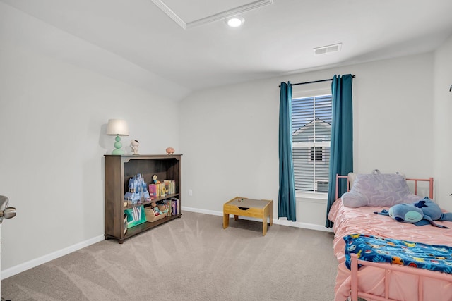 carpeted bedroom with recessed lighting, baseboards, visible vents, and vaulted ceiling