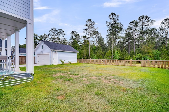 view of yard featuring a detached garage, an outbuilding, and a fenced backyard