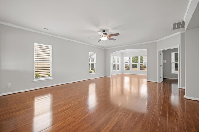 554 Tranquil Waters Way, Summerville, SC 29486 - unfurnished living room featuring wood finished floors, visible vents, ceiling fan, and crown molding