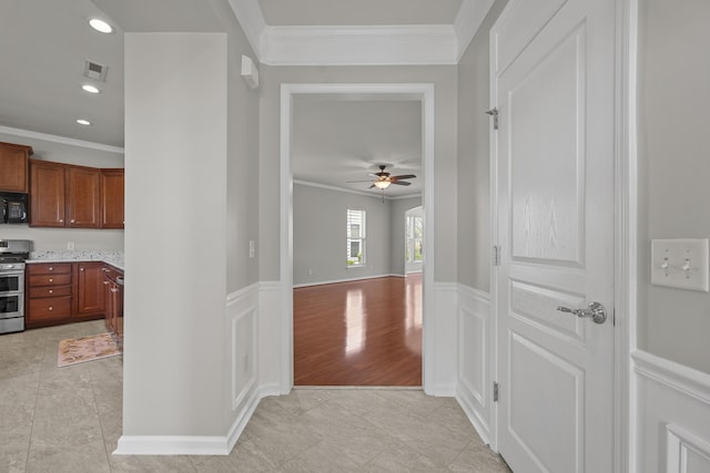 554 Tranquil Waters Way, Summerville, SC 29486 - hall with light tile patterned floors, visible vents, recessed lighting, and ornamental molding