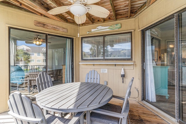 9000 Palmetto Dr Unit 202-C, Isle Of Palms, SC 29451 - sunroom / solarium featuring beamed ceiling, ceiling fan, and outdoor dining area
