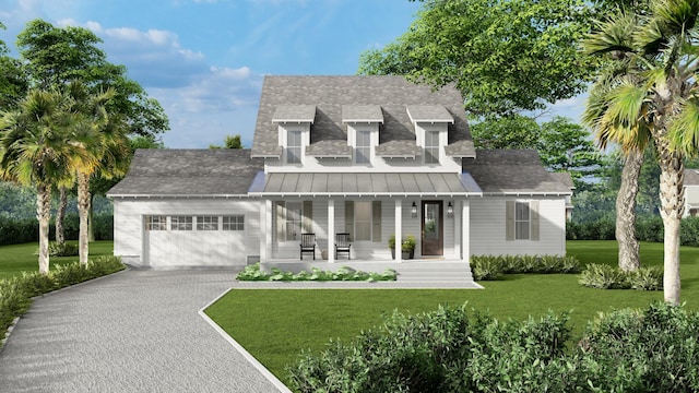 view of front facade with a porch, a front lawn, and a garage