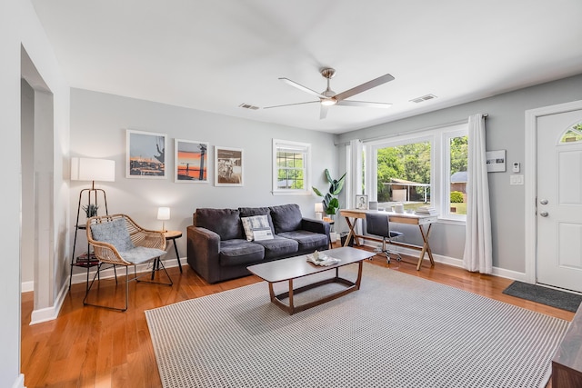 1821 Wasp St, North Charleston, SC 29405 - living room with ceiling fan, visible vents, and wood finished floors