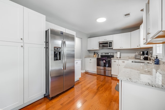 1821 Wasp St, North Charleston, SC 29405 - kitchen with light wood-style flooring, a sink, stainless steel appliances, white cabinetry, and visible vents