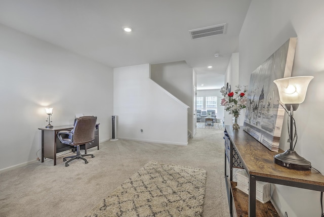 carpeted office with recessed lighting, visible vents, and baseboards