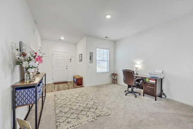 office area featuring recessed lighting, carpet, and baseboards