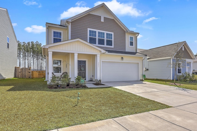 view of front facade featuring an attached garage, concrete driveway, a front lawn, and fence