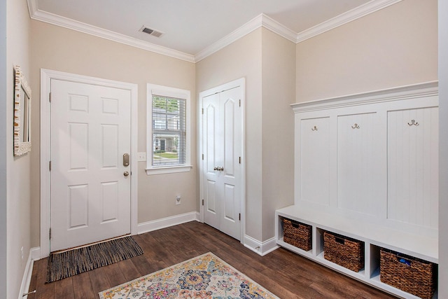 4117 Rigsby Ln, Charleston, SC 29414 - mudroom featuring ornamental molding and dark wood-style floors