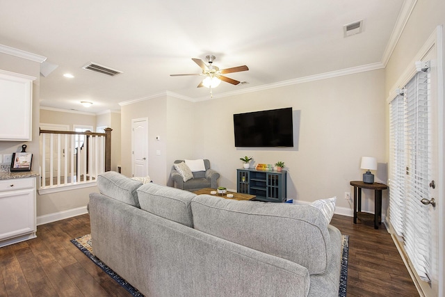 4117 Rigsby Ln, Charleston, SC 29414 - living room featuring dark wood finished floors, a ceiling fan, crown molding, healthy amount of natural light, and recessed lighting