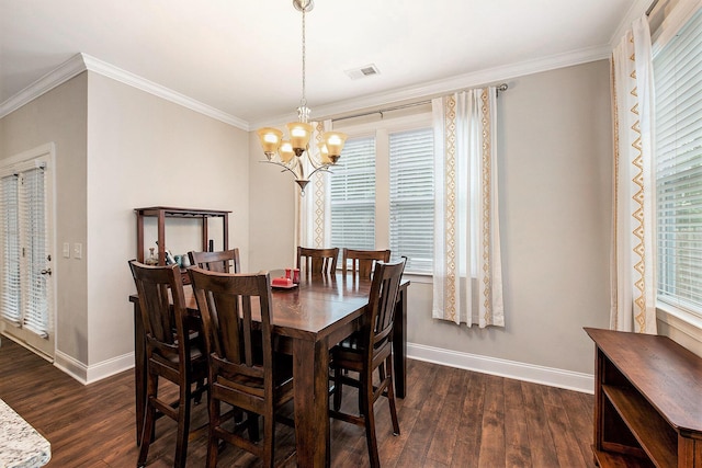 4117 Rigsby Ln, Charleston, SC 29414 - dining area featuring a chandelier, dark wood-style flooring, and crown molding