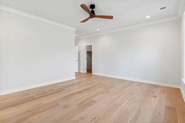 unfurnished room with visible vents, baseboards, light wood-style flooring, ceiling fan, and recessed lighting