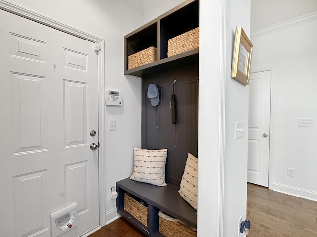 mudroom with dark hardwood / wood-style flooring and ornamental molding