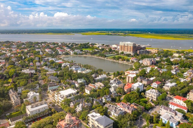 drone / aerial view featuring a water view