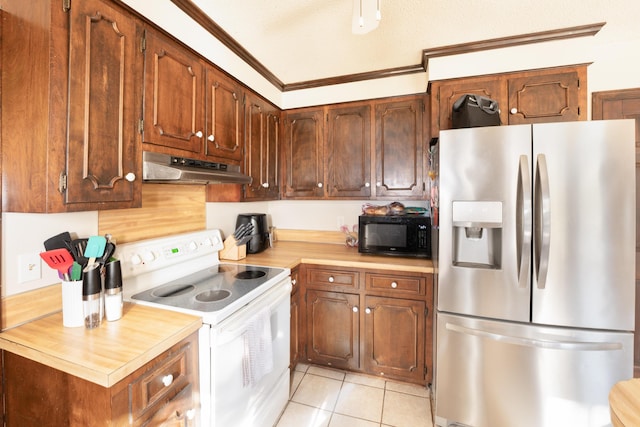 kitchen featuring stainless steel fridge with ice dispenser, light tile patterned floors, white electric stove, and ornamental molding