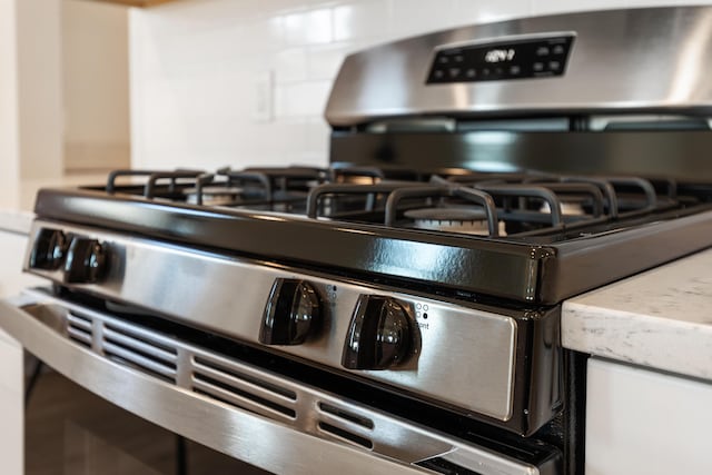 details featuring stainless steel gas range