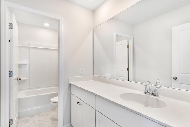 full bathroom with tub / shower combination, vanity, toilet, and tile patterned floors