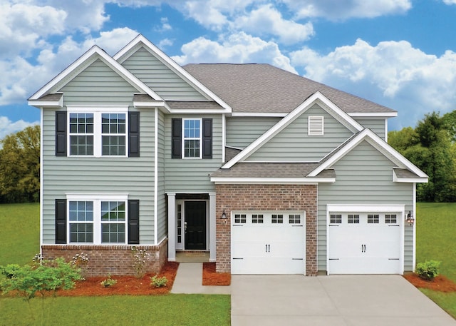 view of front of house featuring a garage, driveway, a shingled roof, and brick siding