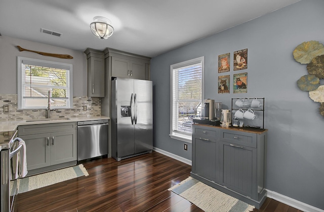 kitchen featuring a healthy amount of sunlight, gray cabinetry, stainless steel appliances, and a sink