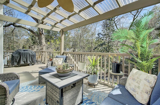 view of patio with an outdoor hangout area, a pergola, and grilling area