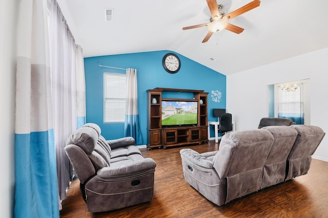 405 Watershed Dr, Goose Creek, SC 29445 - living room with vaulted ceiling, ceiling fan, a chandelier, wood finished floors, and healthy amount of natural light