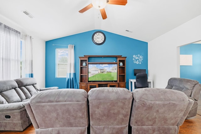 405 Watershed Dr, Goose Creek, SC 29445 - living area featuring wood finished floors, a ceiling fan, and lofted ceiling