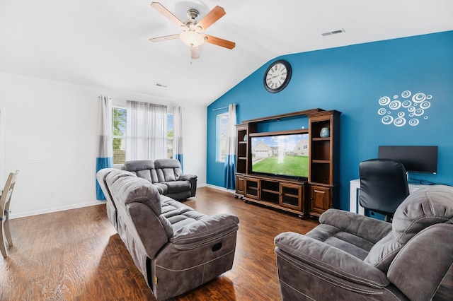 405 Watershed Dr, Goose Creek, SC 29445 - living room featuring a ceiling fan, lofted ceiling, wood finished floors, and baseboards