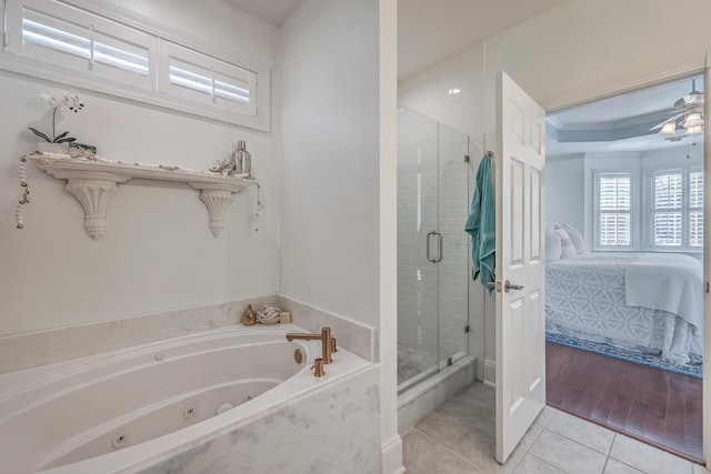 bathroom with crown molding, ceiling fan, tile patterned floors, and shower with separate bathtub