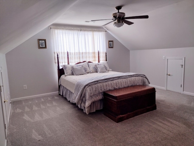 bedroom featuring visible vents, ceiling fan, baseboards, vaulted ceiling, and carpet floors