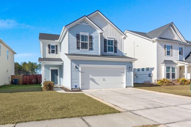 view of front facade featuring a garage, cooling unit, and a front lawn