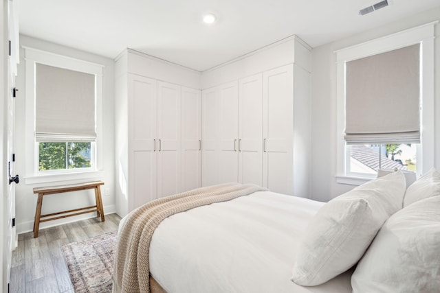 bedroom featuring multiple windows, a closet, and light wood-type flooring