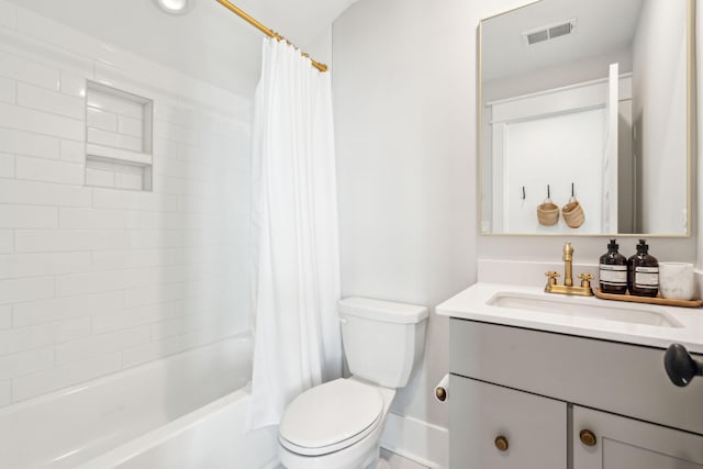 full bathroom with vanity, toilet, and shower / bathtub combination with curtain