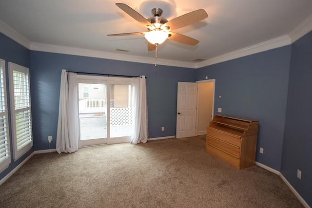 unfurnished bedroom with access to exterior, ceiling fan, ornamental molding, and carpet floors